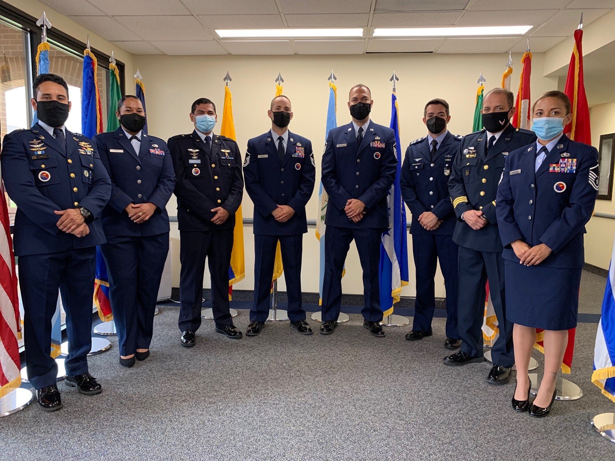 Professional Military Education Instructors pose for a photo March 30, 2021, at Joint Base San Antonio-Lackland, Texas, at the Inter-American Air Forces Academy after winning Outstanding EPME Center of the Year, Air Education and Training Command, in the 2020 Enlisted Professional Military Education Awards Program. Master Sgt. Diego Ladino and IAAFA’s EPME Center are now competing for the awards at the Air Force level. (U.S. Air Force photo by Vanessa R. Adame)