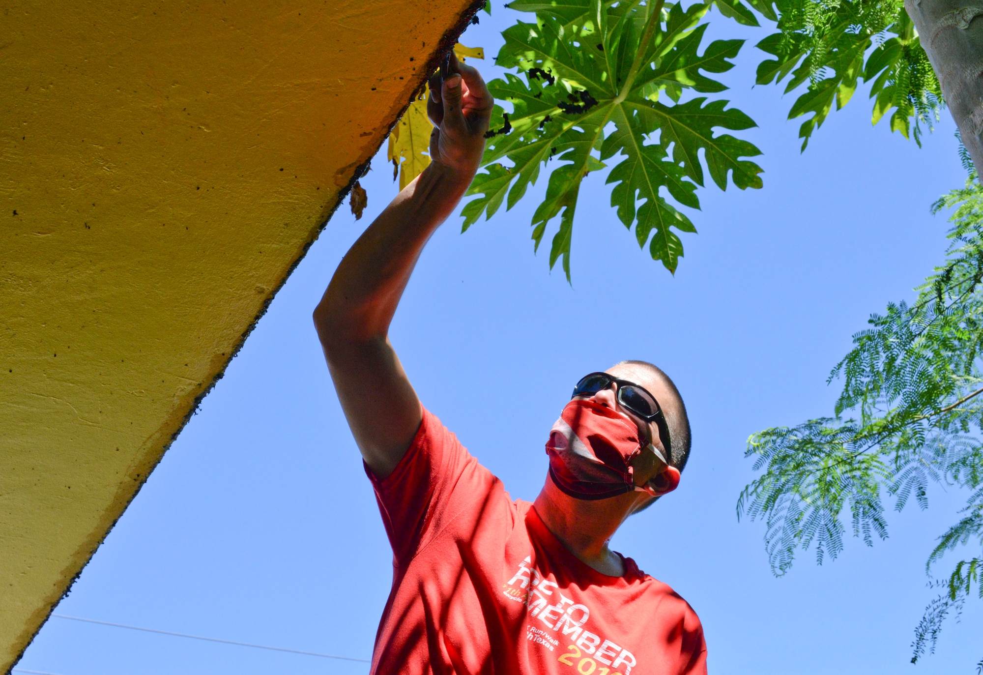 U.S. Air Force Lt. Col. Jamie Cornett, 36th Healthcare Operations Squadron commander, scrapes buildup off a ledge during a bus stop painting event in Agat, Guam, March 20, 2021. Nearly a dozen 36th HCOS Airmen and family members joined Agat Mayor’s Office staff to repaint two village bus stops through the Andersen Air Force Base Sister Village Sister Squadron program, in which squadron volunteers collaborate in events with Guam residents to strengthen their friendship and partnership. (U.S. Air Force photo by Alana Chargualaf)