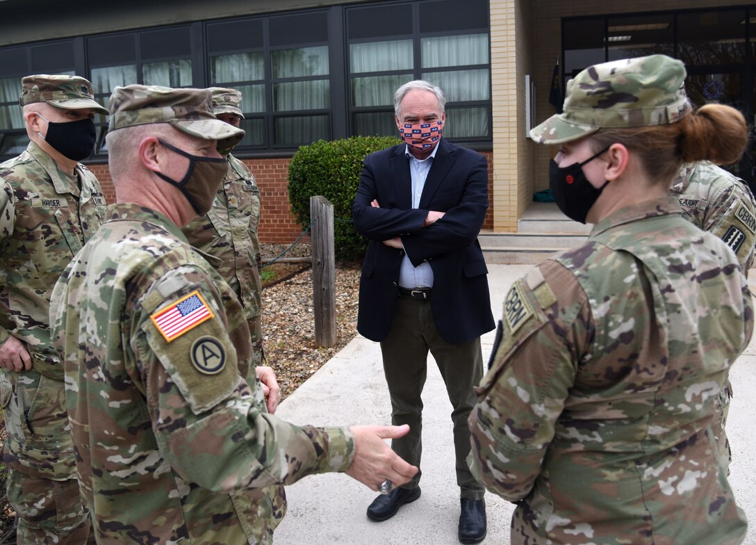 U.S. Sen. Tim Kaine visits with and thanks Virginia National Guard Soldiers assigned to the Rocky Mount-based 229th Chemical Company, 1030th Transportation Battalion, 329th Regional Support Group during a ceremony April 10, 2021, in Rocky Mount, Virginia.