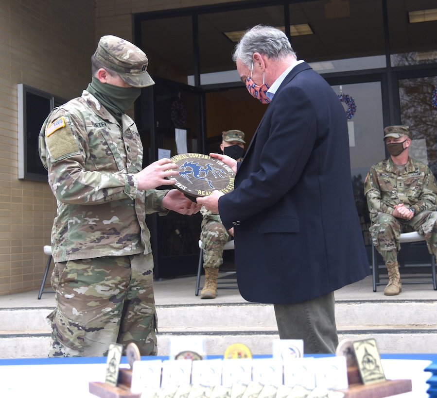 U.S. Sen. Tim Kaine visits with and thanks Virginia National Guard Soldiers assigned to the Rocky Mount-based 229th Chemical Company, 1030th Transportation Battalion, 329th Regional Support Group during a ceremony April 10, 2021, in Rocky Mount, Virginia.