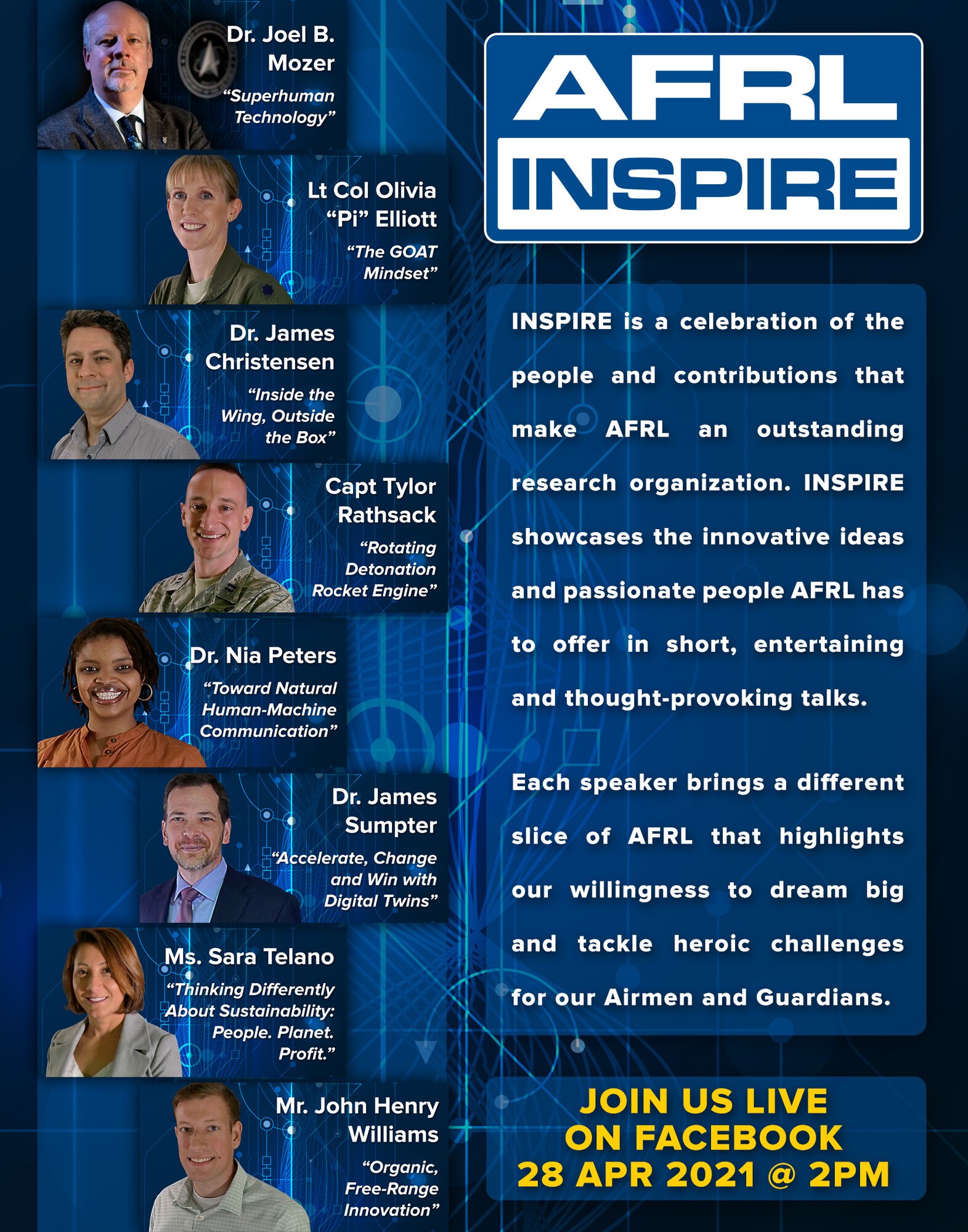 The AFRL Inspire event features the innovative ideas and passionate people AFRL has to offer as they provide entertaining and thought-provoking talks, share personal stories and make complex topics more understandable. The 2021 event will be a two-hour special event with eight TEDx-style talks, livestreamed from the Air Force Institute of Technology’s Kenney Hall Auditorium April 28 beginning at 2 p.m. EDT. (U.S. Air Force illustration/Patrick Londergan and Randy Palmer)