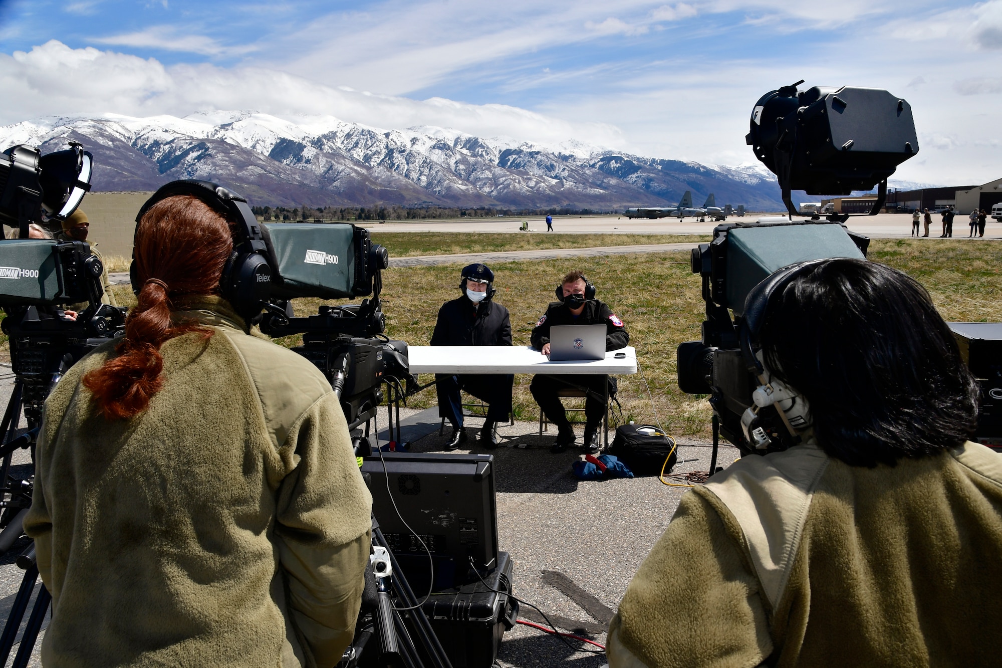 Air Force Col. (Ret.) Gail Halvorsen (left center), the “Berlin Candy Bomber,” is interviewed by Staff Sgt. Codie Trimble, F-35A Lightning II Demonstration Team public affairs, during a live stream of a demo team practice session April 16, 2021, at Hill Air Force Base, Utah. Halvorsen and family members witnessed the F-35 demo and then visited with the demo pilot and team afterward. (U.S. Air Force photo by Todd Cromar)