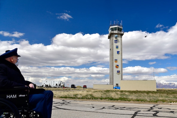 Air Force Col. (Ret.) Gail Halvorsen, the “Berlin Candy Bomber,” during an F-35A Lightning II Demonstration Team practice April 16, 2021, at Hill Air Force Base, Utah.  Halvorsen and family members witnessed the F-35 demo and then visited with the demo pilot and team afterward. (U.S. Air Force photo by Todd Cromar)