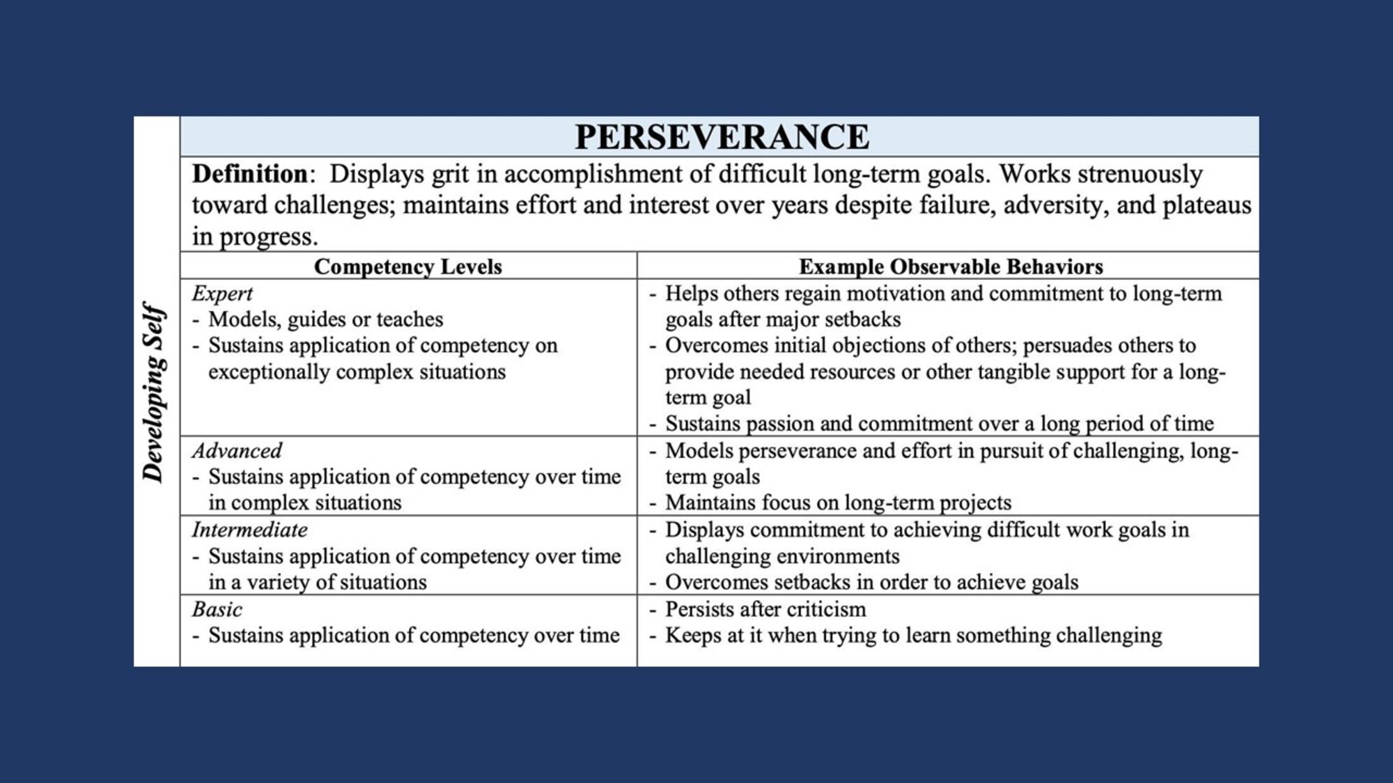 Graphic showing competencies that fall under developing self, which include accountability, perseverance, communication, decision making, information seeking, flexibility, resilience, initiative, and self-control.