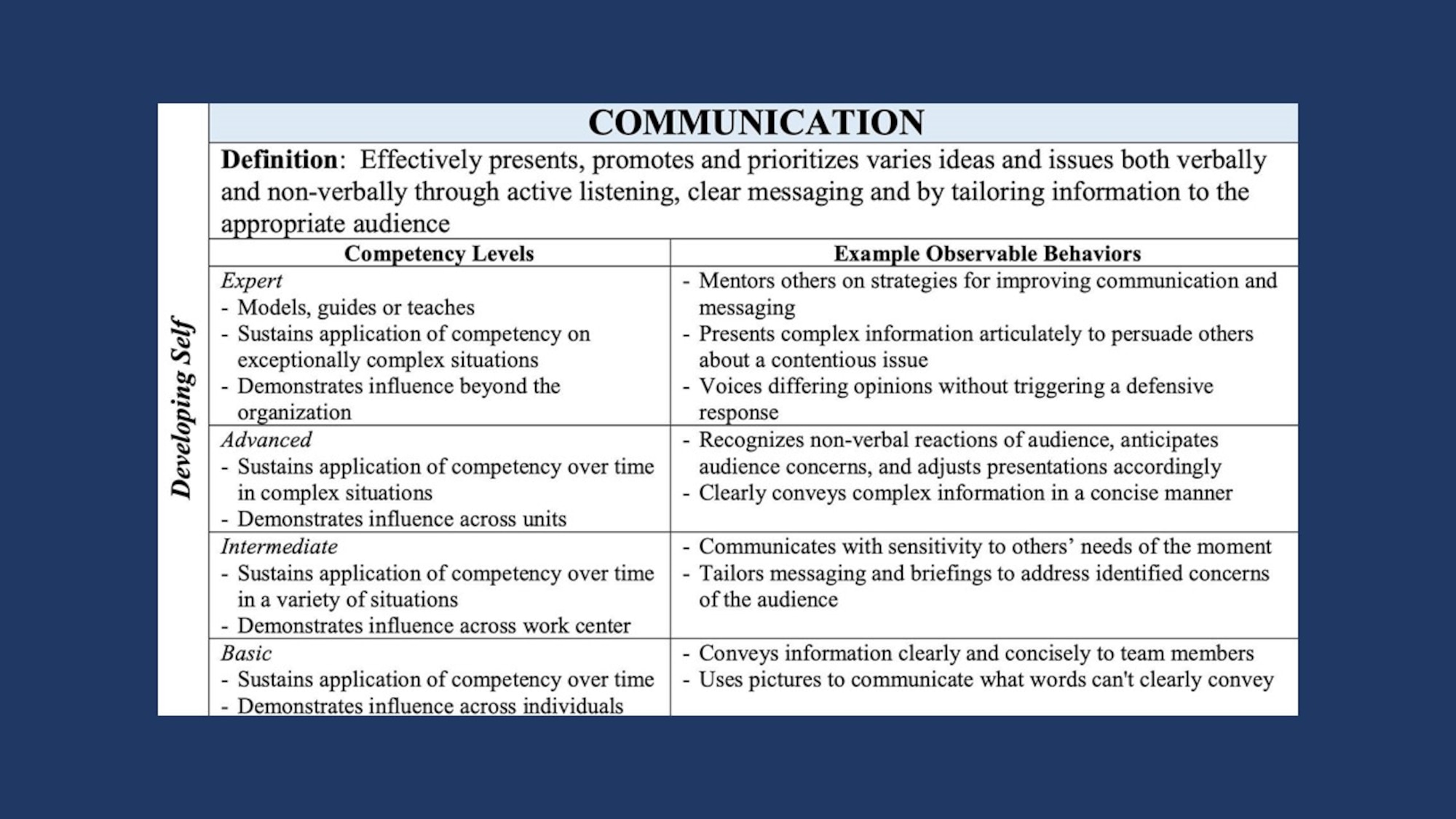 Graphic showing competencies that fall under developing self, which include accountability, perseverance, communication, decision making, information seeking, flexibility, resilience, initiative, and self-control.