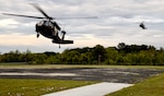 Task Force Phoenix UH-60 Black Hawk helicopters from G Company, 1st Battalion, 168th Aviation Regiment (General Support Aviation Battalion), land at North Fort Hood, Texas, April 17, 2021, during a medevac training mission that was part of a culminating training exercise.