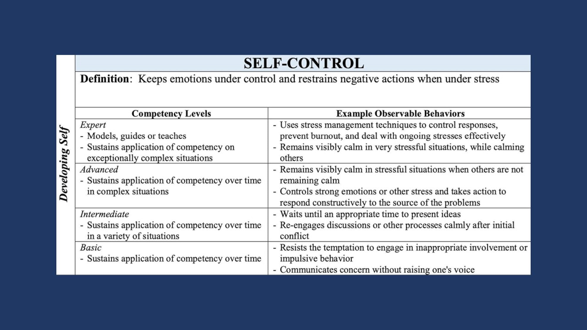 Graphic showing competencies that fall under developing self, which include accountability, perseverance, communication, decision making, information seeking, flexibility, resilience, initiative, and self-control.