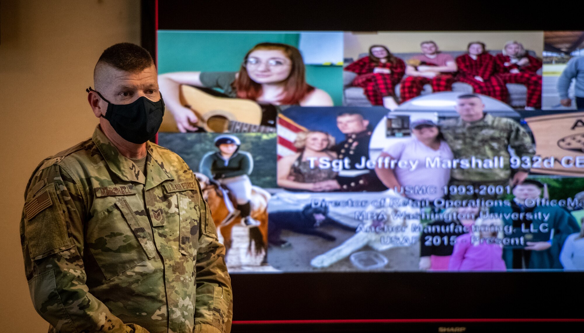Tech. Sgt. Jeff Marshall, 932nd Civil Engineer Squadron water and fuels system craftsman, shares his Air Force journey with 932nd Airlift Wing leadership during the pre unit assembly training meeting, April 9, 2021, Scott Air Force Base, Illinois. (U.S. Air Force photo by Master Sgt. Christopher Parr)