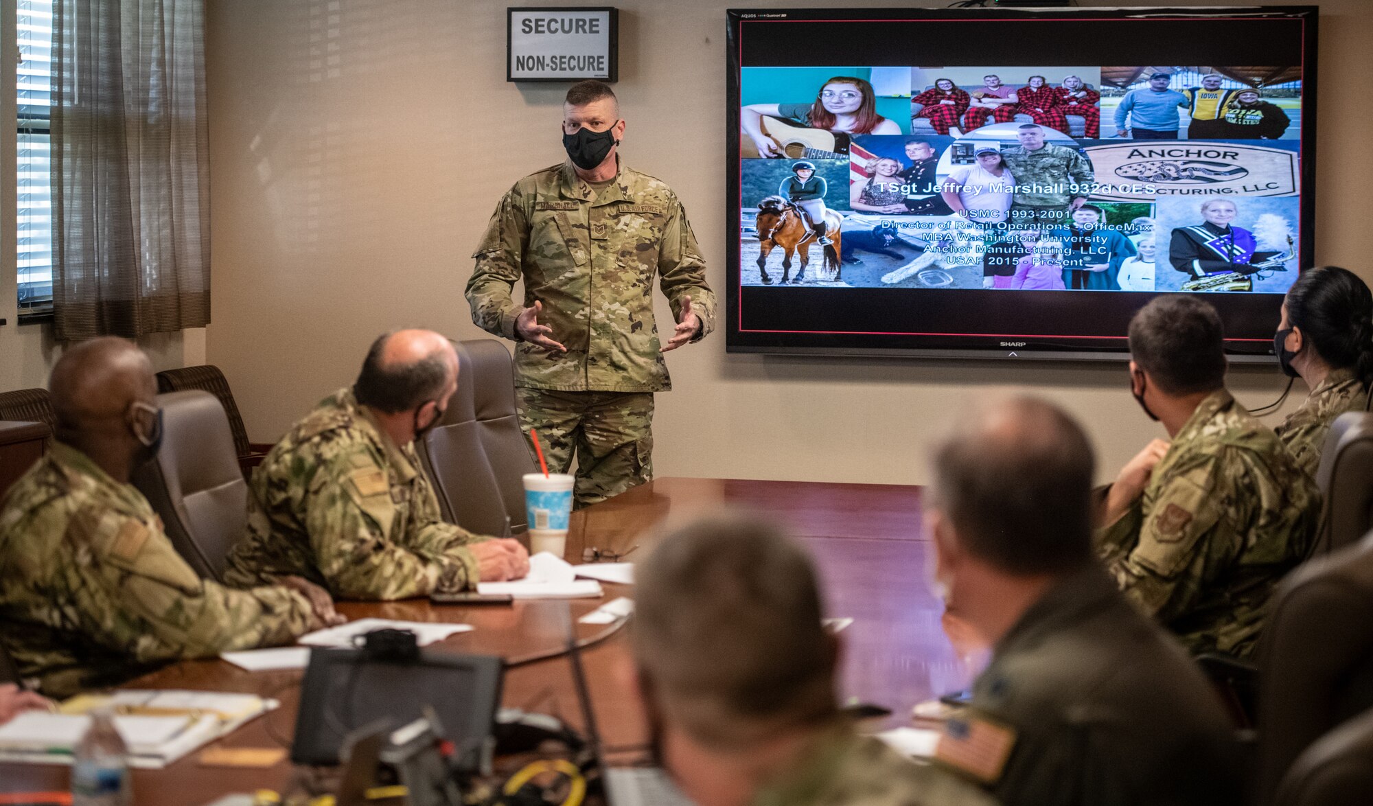 Tech. Sgt. Jeff Marshall, 932nd Civil Engineer Squadron water and fuels system craftsman, shares his Air Force journey with 932nd Airlift Wing leadership during the pre unit assembly training meeting, April 9, 2021, Scott Air Force Base, Illinois. (U.S. Air Force photo by Master Sgt. Christopher Parr)