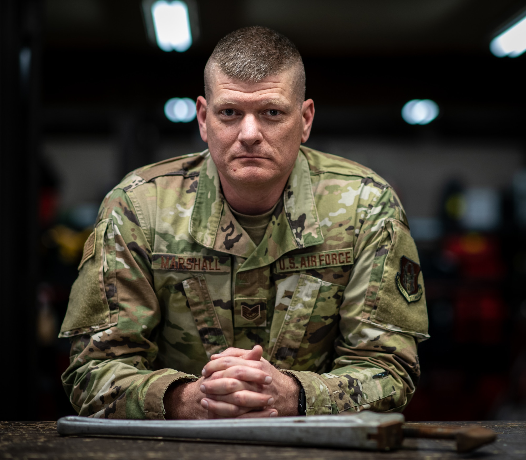 Tech. Sgt. Jeff Marshall, 932nd Civil Engineer Squadron water and fuels system craftsman, poses for portrait April 10, 2021, Scott Air Force Base, Illinois. (U.S. Air Force photo by Master Sgt. Christopher Parr)