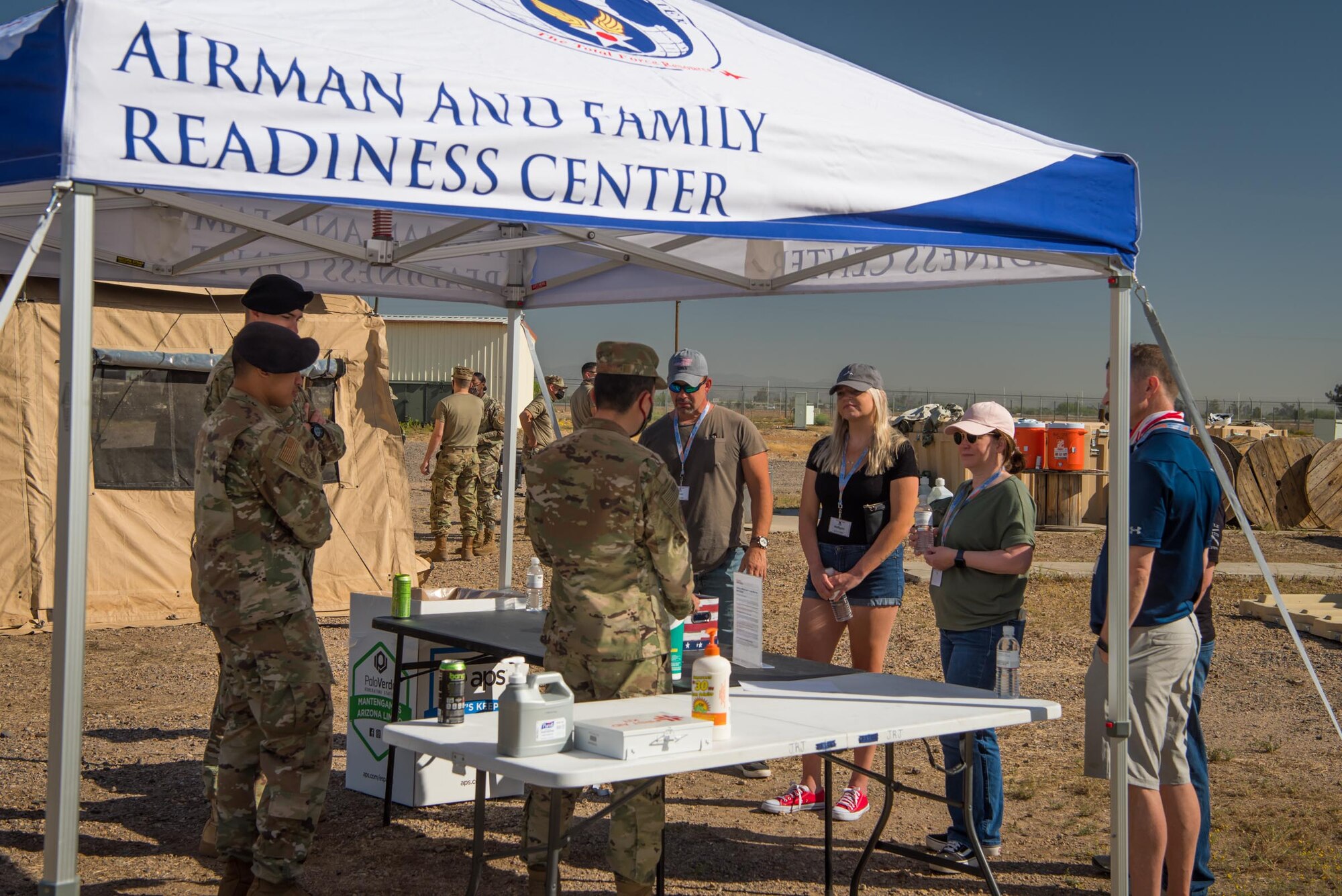 During the 944th FW Employer Day 2021 at Luke Air Force Base, Ariz., April 10, 2021, 944th Fighter Wing Airmen brief employers of Reserve Citizen Airmen about how to support their employees during deployments.  The employers also toured a field kitchen, watched security forces tactics demonstrations, and received briefings on weapons, aircraft maintenance, and the F-35 Lightning II and F-16 Fighting Falcon aircraft.