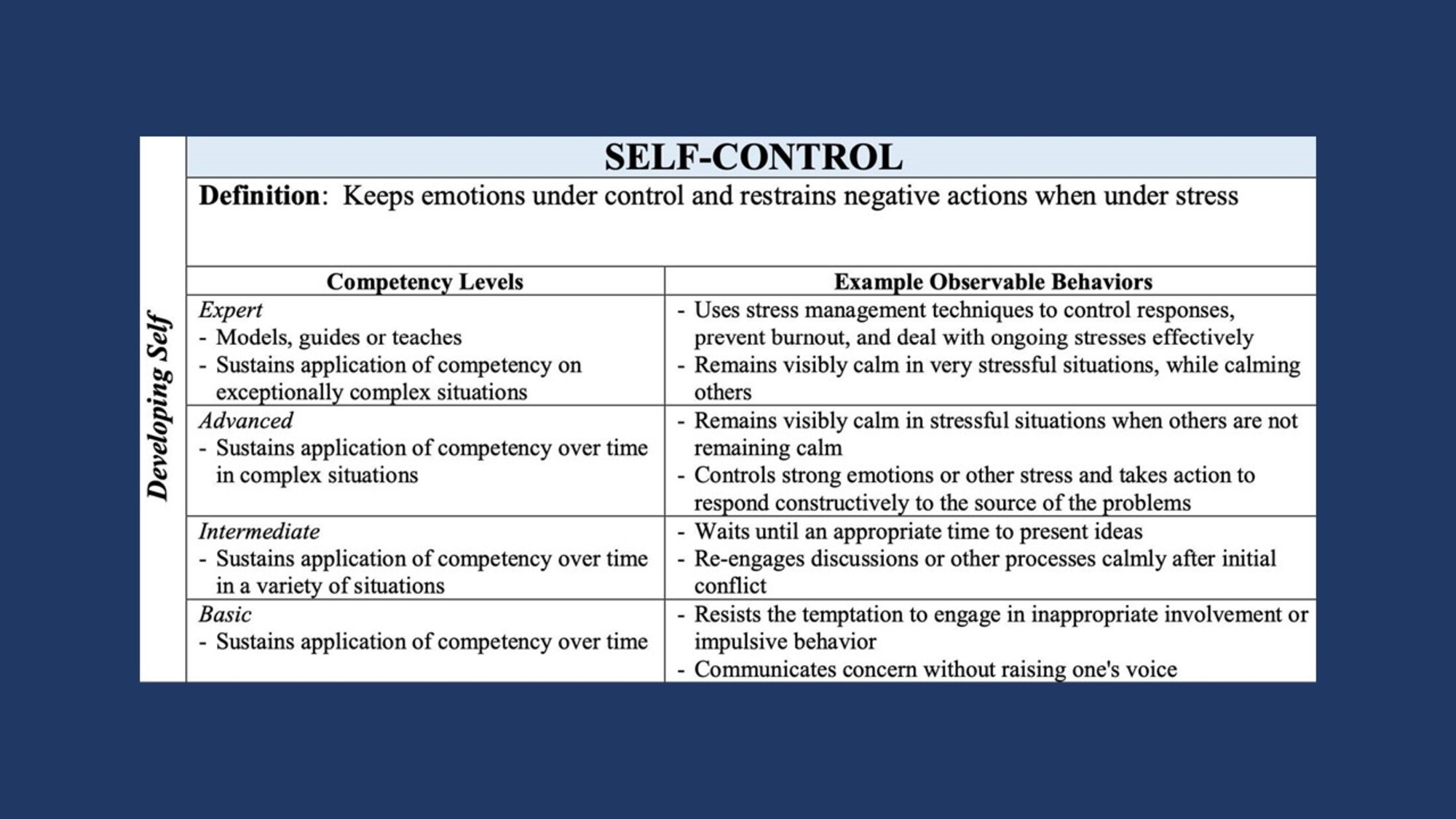 Graphic showing competencies that fall under developing self, which include accountability, perseverance, communication, decision making, information seeking, flexibility, resilience, initiative, and self-control.