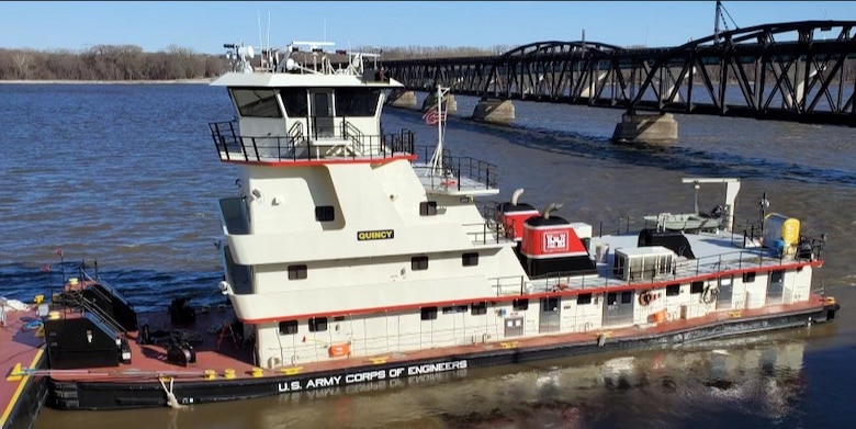 The Motor Vessel (M/V) Quincy was built in 2008 and joins five other vessels in the Mississippi River Structures Maintenance fleet located at the Mississippi River Project Office in Pleasant Valley, Iowa. Its function is to serve as the primary towing vessel for the fleet’s new Quad Cities Crane barge.