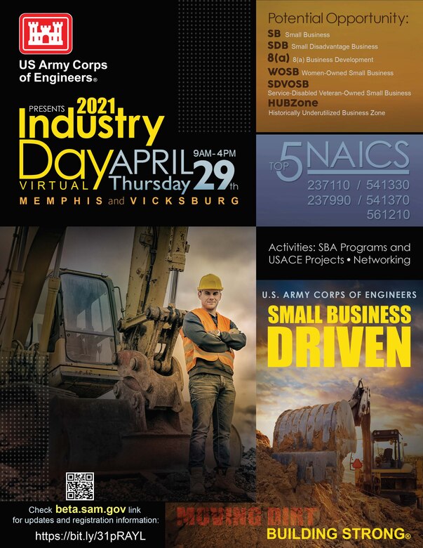 VICKSBURG, Miss. – The U.S. Army Corps of Engineers (USACE) Vicksburg District and Memphis District will host their combined Virtual Small Business Industry Day Thursday, April 29, from 9 a.m. to 4 p.m.