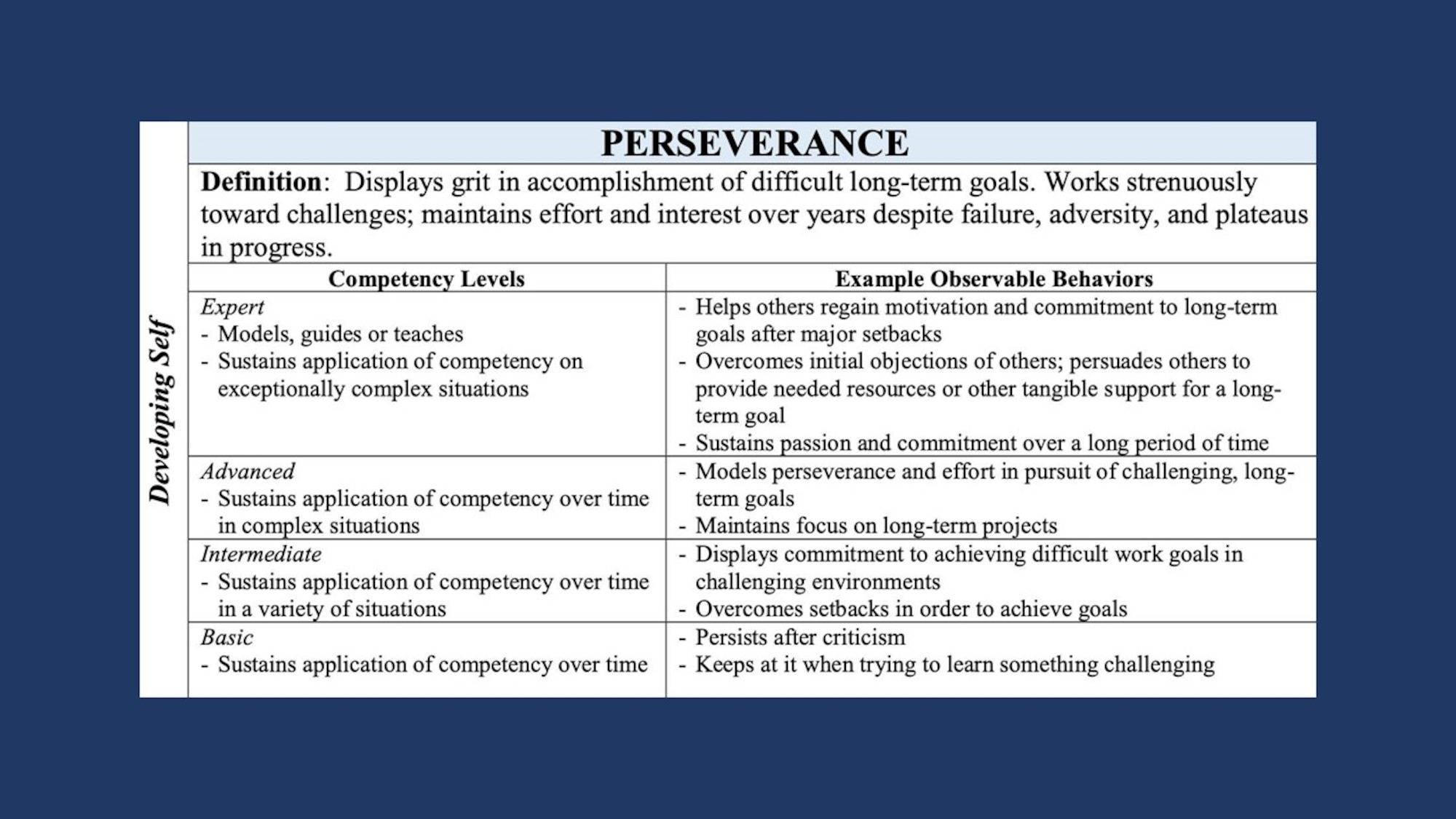 Graphic showing competencies that fall under developing self, which include accountability, perseverance, communication, decision making, information seeking, flexibility, resilience, initiative, and self-control.