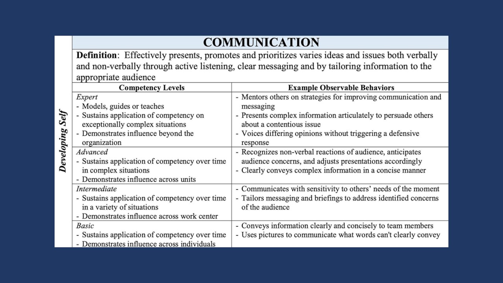 Graphic showing competencies that fall under developing self, which include accountability, perseverance, communication, decision making, information seeking, flexibility, resilience, initiative, and self-control.