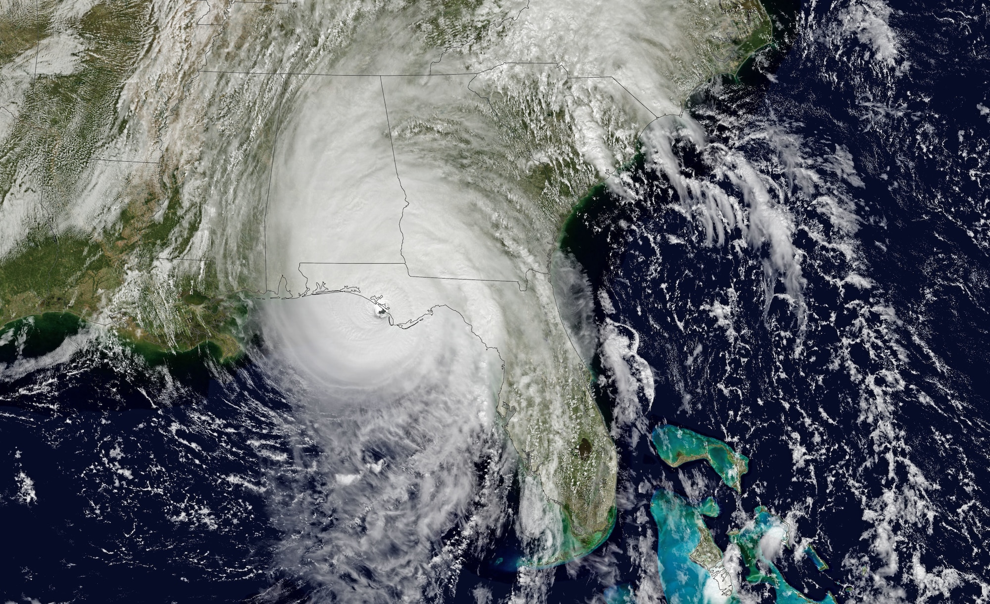 At approximately 1:30 p.m. Eastern Daylight Time (17:30 Universal Time) on October 10, 2018, Hurricane Michael made landfall near Mexico Beach, Florida. Wind speeds were estimated to be 155 miles (250 kilometers) per hour, which would make the category 4 hurricane the strongest on record to hit the Florida Panhandle. The storm has destroyed homes and knocked out electric power in the area. (NASA Earth Observatory images by Joshua Stevens)