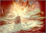Painting of the sinking of Cutter Tampa by the German submarine UB-91 painted by noted marine artist John Wisinski. (Coast Guard Collection)