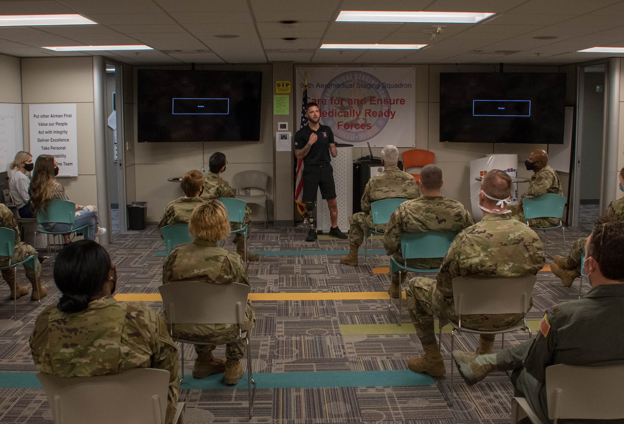 The 94th Aeromedical Staging Squadron hosts guest speaker Samuel Walley to present for their Comprehensive Medical Readiness Course on Dobbins Air Reserve Base, Georgia, on April 10, 2021. Walley shared his personal story on resiliency and traumatic brain injuries in veterans. (U.S. Air Force photo by Staff Sgt. Josh Kincaid)