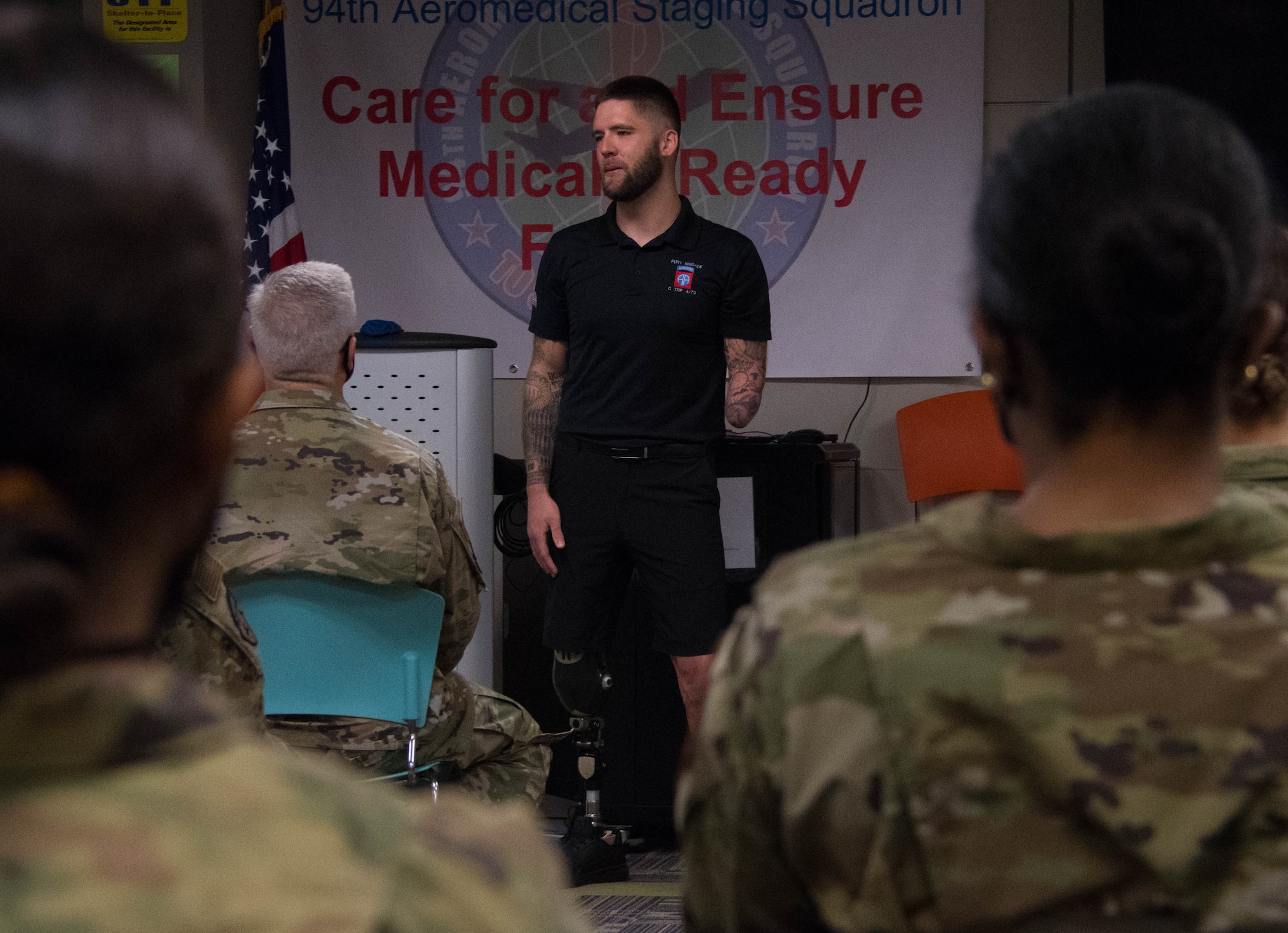 The 94th Aeromedical Staging Squadron hosts guest speaker Samuel Walley to present for their Comprehensive Medical Readiness Course on Dobbins Air Reserve Base, Georgia, on April 10, 2021. Walley shared his personal story on resiliency and traumatic brain injuries in veterans. (U.S. Air Force photo by Staff Sgt. Josh Kincaid)