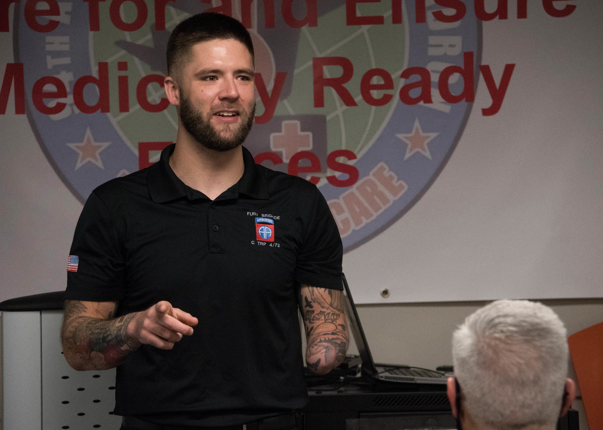 The 94th Aeromedical Staging Squadron hosts guest speaker Samuel Walley to present for their Comprehensive Medical Readiness Course on Dobbins Air Reserve Base, Georgia, on April 10, 2021. Walley shared his personal story on resiliency and traumatic brain injuries in veterans. (U.S. Air Force photo by Staff Sgt. Josh Kincaid)