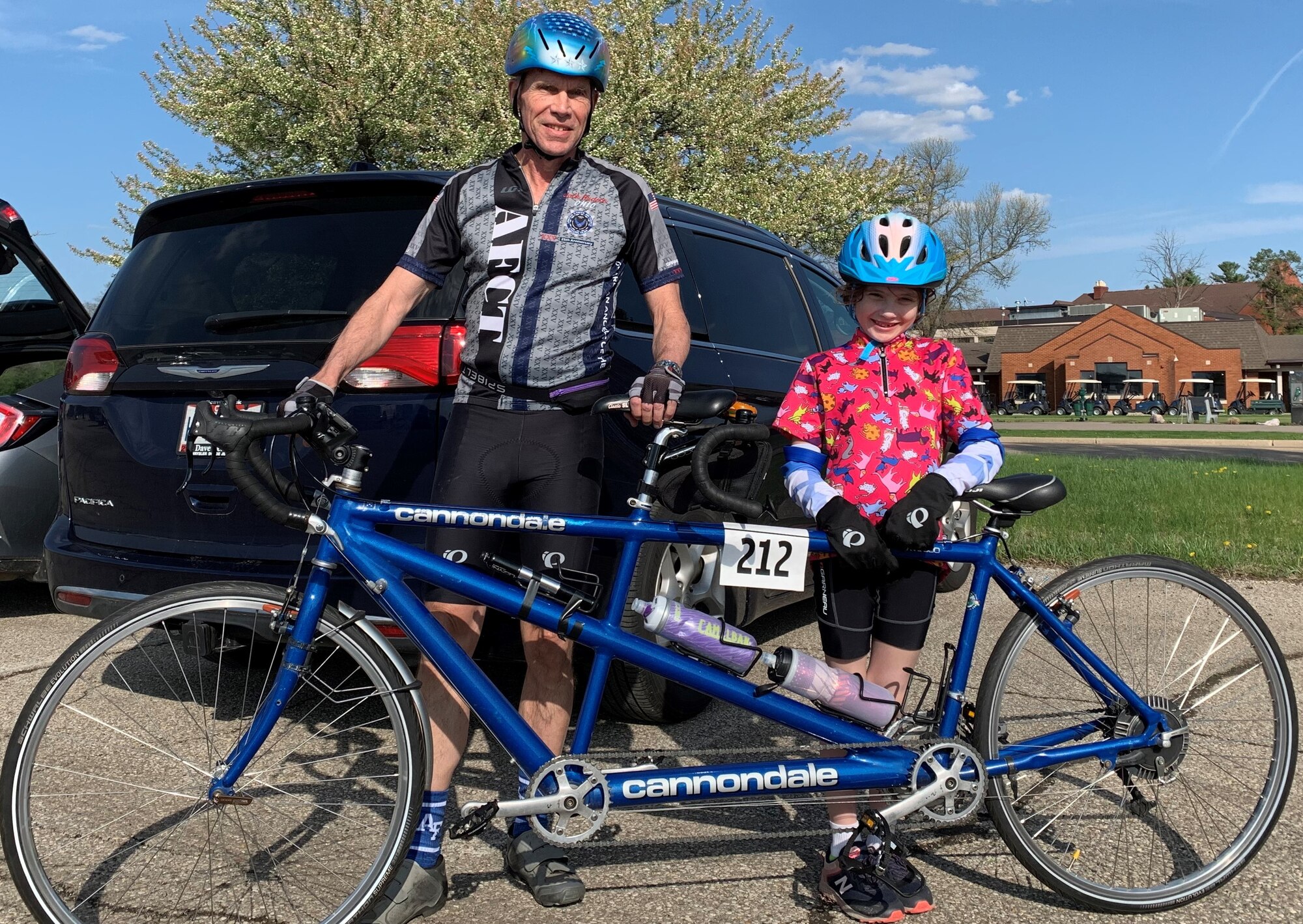 The youngest Blue Streak rider in the season opener April 13 was 7-year-old Etta Hudson of Tipp City. Etta was the stoker on a tandem bicycle behind her grandfather, Lt. Gen. (Ret.) Jack Hudson. (Contributed photo)