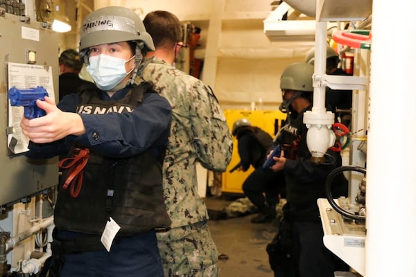 NAVAL STATION NORFOLK (April 15, 2021) -  Sailors aboard the Arleigh Burke-class, guided-missile destroyer USS Oscar Austin (DDG 79) participate in anti-terrorism and force protection drills. Newly-reported Sailors undergo a series of evolutions and drills testing their knowledge following command indoctrination. The Sailors then receive their command patch at the completion of drills and evolutions. (U.S. Navy photo courtesy of USS Oscar Austin Public Affairs/Released)