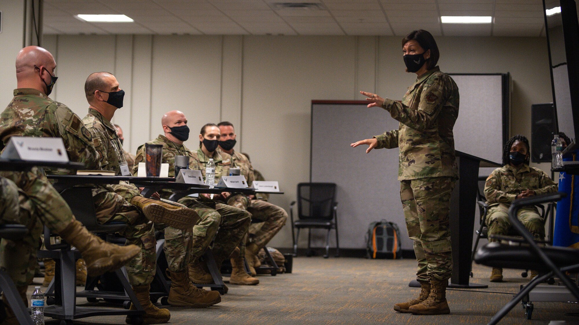 Chief Master Sergeant of the Air Force JoAnne S. Bass, addresses the crowd at Air Force Global Strike Command’s chief orientation course in Bossier City, Louisiana, April 21, 2021.