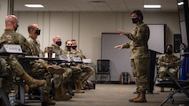 Chief Master Sergeant of the Air Force JoAnne S. Bass, addresses the crowd at Air Force Global Strike Command’s chief orientation course in Bossier City, Louisiana, April 21, 2021.
