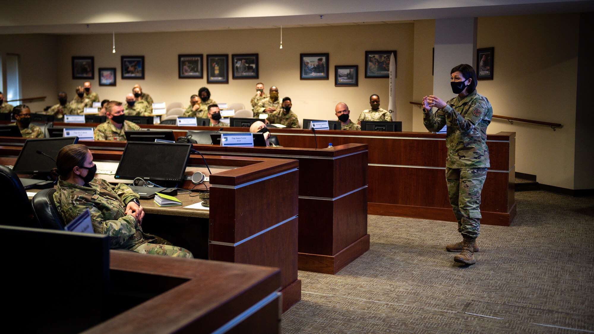Chief Master Sergeant of the Air Force JoAnne S. Bass, addresses Air Force Global Strike Command non-commissioned officers during a tour of Barksdale Air Force Base, Louisiana, April 21, 2021.