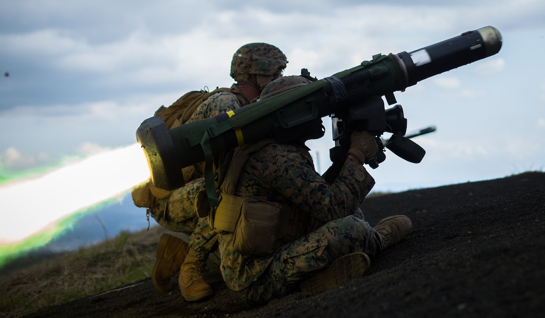 U.S. Marine Corps Lance Cpl. Justin Cooper and Cpl. Jacob Siemsen, anti-tank missile gunners with 3rd Battalion, 3rd Marines, fire a Javelin missile while conducting a live-fire combat rehearsal during Fuji Viper 21.3 at Combined Arms Training Center, Camp Fuji, Japan, April 12, 2021. During this exercise, Marines honed tactics, techniques, and procedures to support expeditionary advanced base operations at the platoon and company level. 3/3 is forward-deployed in the Indo-Pacific under 4th Marines, 3rd Marine Division. Cooper is a native of Old Bridge, New Jersey and Siemsen is a native of Tillamook, Oregon.
