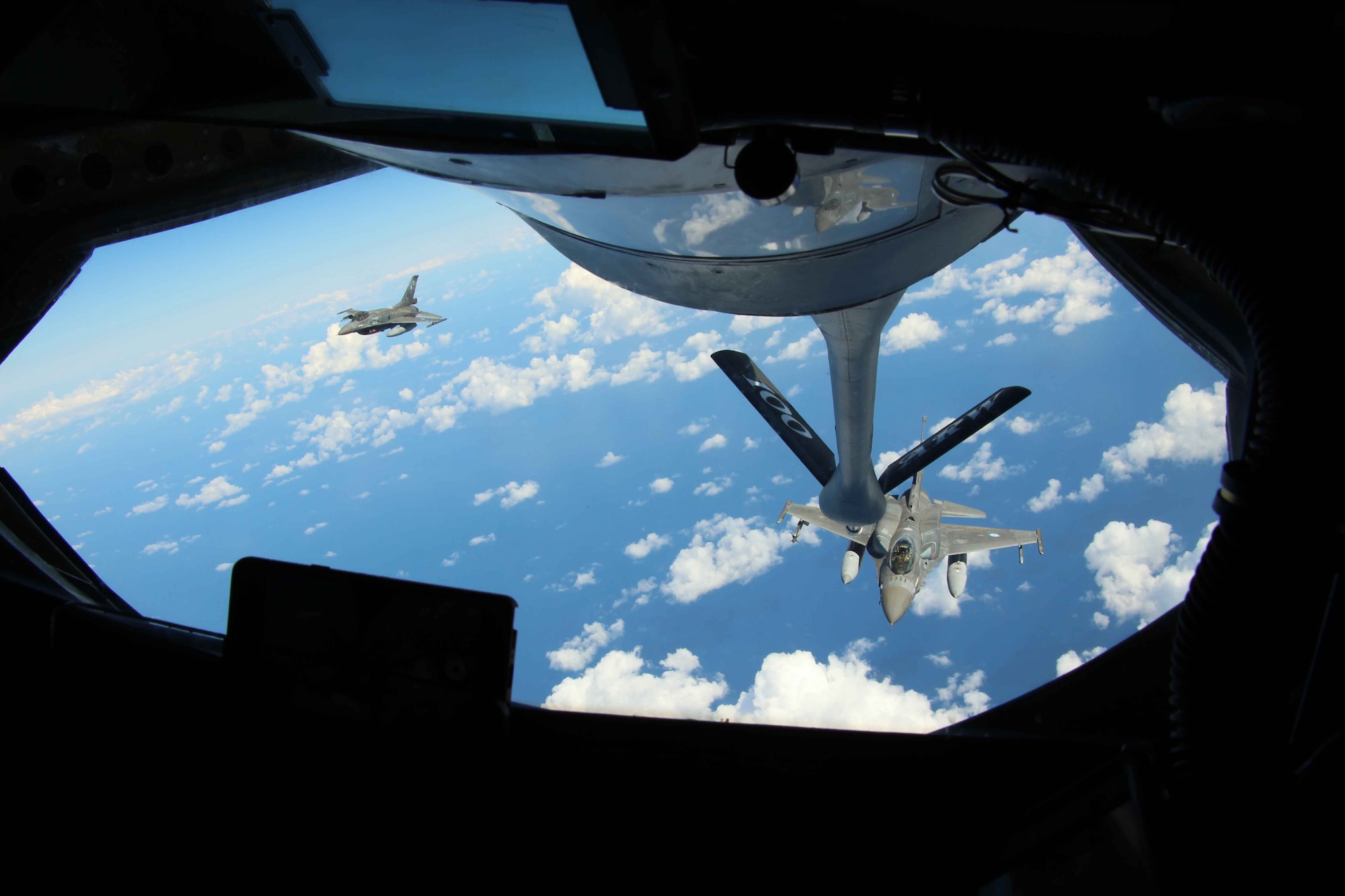 A U.S. Air Force KC-135 Stratotanker supports exercise Iniochos 21 near Souda Bay Air Base, Greece, April 20, 2021. The exercise enhanced combat readiness and fighting capability, while providing participants the opportunity to develop capabilities and conduct complex operations in a multinational, joint-force environment. (Courtesy Photo)