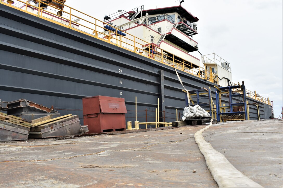 IN THE PHOTO, a photo of the Memphis District’s Dredge Hurley on the Ensley Engineer Yard dry dock, getting repaired after much of the south, including Memphis, Tennessee, was hit hard with frigid temperatures in mid-February this year. From frozen pipes to no electricity, many people and structures were impacted by the icy weather, including the district’s Dredge Hurley. It took approximately one month and multiple Ensley Engineer Yard crews to thaw out and repair the dredge. Now that the Dredge Hurley is thawed and repaired, it’s ready to dredge the Mississippi River, which is scheduled to start within the next two weeks. (USACE photo by Jessica Haas)