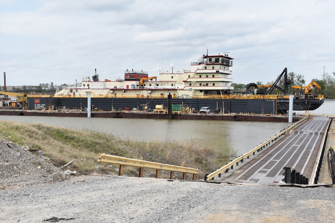 IN THE PHOTO, a photo of the Memphis District’s Dredge Hurley on the Ensley Engineer Yard dry dock, getting repaired after much of the south, including Memphis, Tennessee, was hit hard with frigid temperatures in mid-February this year. From frozen pipes to no electricity, many people and structures were impacted by the icy weather, including the district’s Dredge Hurley. It took approximately one month and multiple Ensley Engineer Yard crews to thaw out and repair the dredge. Now that the Dredge Hurley is thawed and repaired, it’s ready to dredge the Mississippi River, which is scheduled to start within the next two weeks. (USACE photo by Jessica Haas)