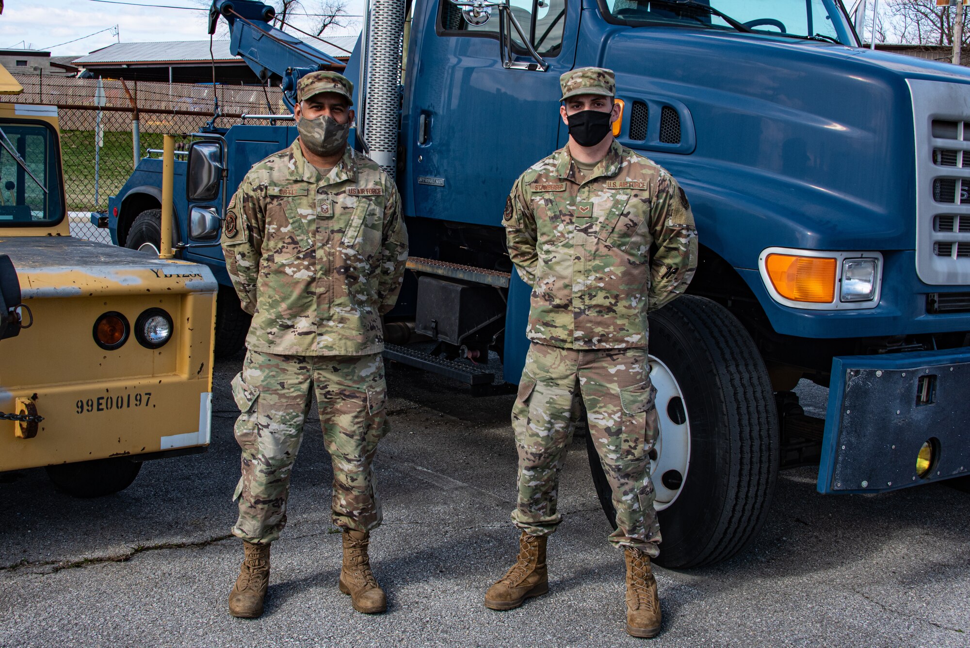 SrA Eric Steinbeiser and MSgt Nephtali Ortiz, members of the 166th Logistical Readiness Squadron’s ground transportation section