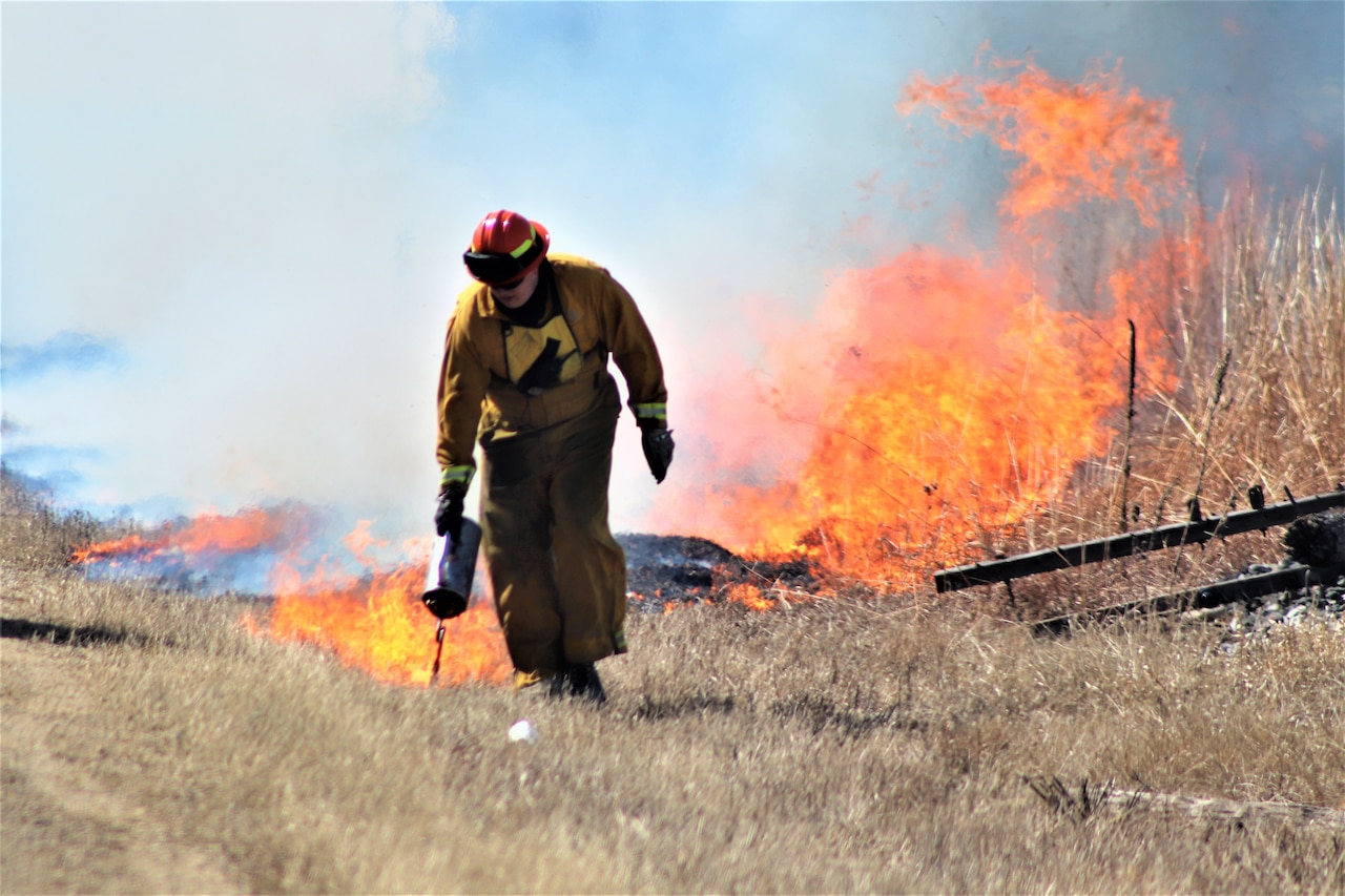 A person works with fire in a field.