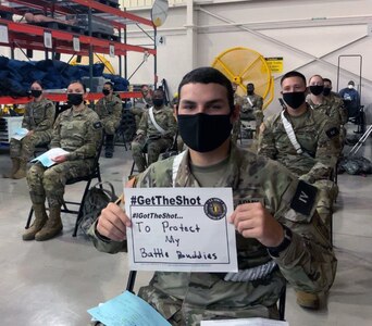 Pvt. Michael Giuffrida, a 68K medical laboratory specialist in training at the U.S. Army Medical Center of Excellence, or MEDCoE, received the first dose of the Pfizer BioNTech COVID-19 vaccine at the Brooke Army Medical Center’s Joint Base San Antonio-Fort Sam Houston Vaccine site April 15.