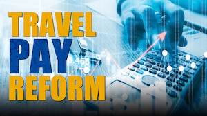 Graphic showing keyboard and stating Travel Pay Reform.