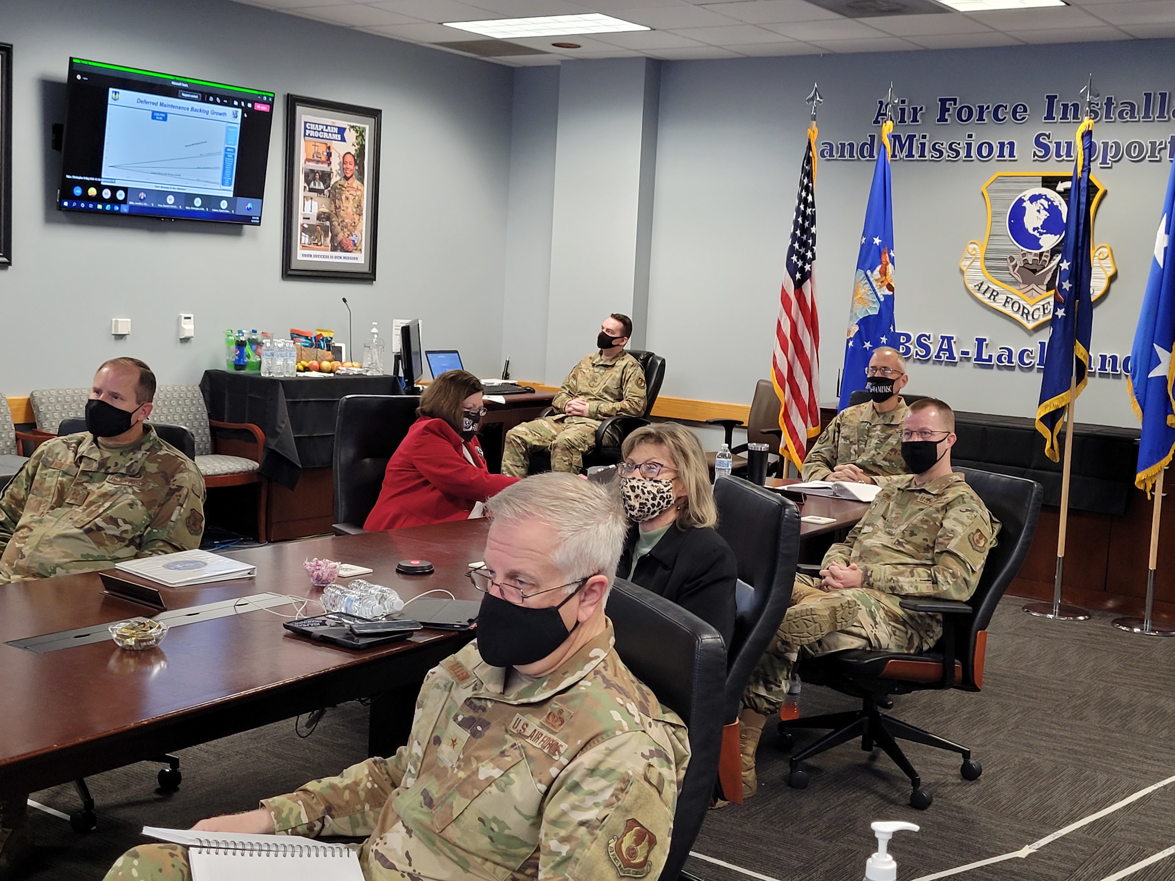 Air Force Installation and Mission Support Center Commander Maj. Gen. Tom Wilcox (head of table) is joined by other AFIMSC and Air Force senior leaders during the Installation and Mission Support Weapons and Tactics Conference out-briefs April 21 at Joint Base San Antonio-Lackland, Texas. Four teams tasked with tackling the Air and Space Forces’ most significant Agile Combat Support challenges presented their recommendations to this group and a virtual audience of more than 500 Air and Space Force senior officials, mission support leaders and their peers. The Air Force will now analyze the teams’ ideas to determine their feasibility. (U.S. Air Force photo by Joe Bela)