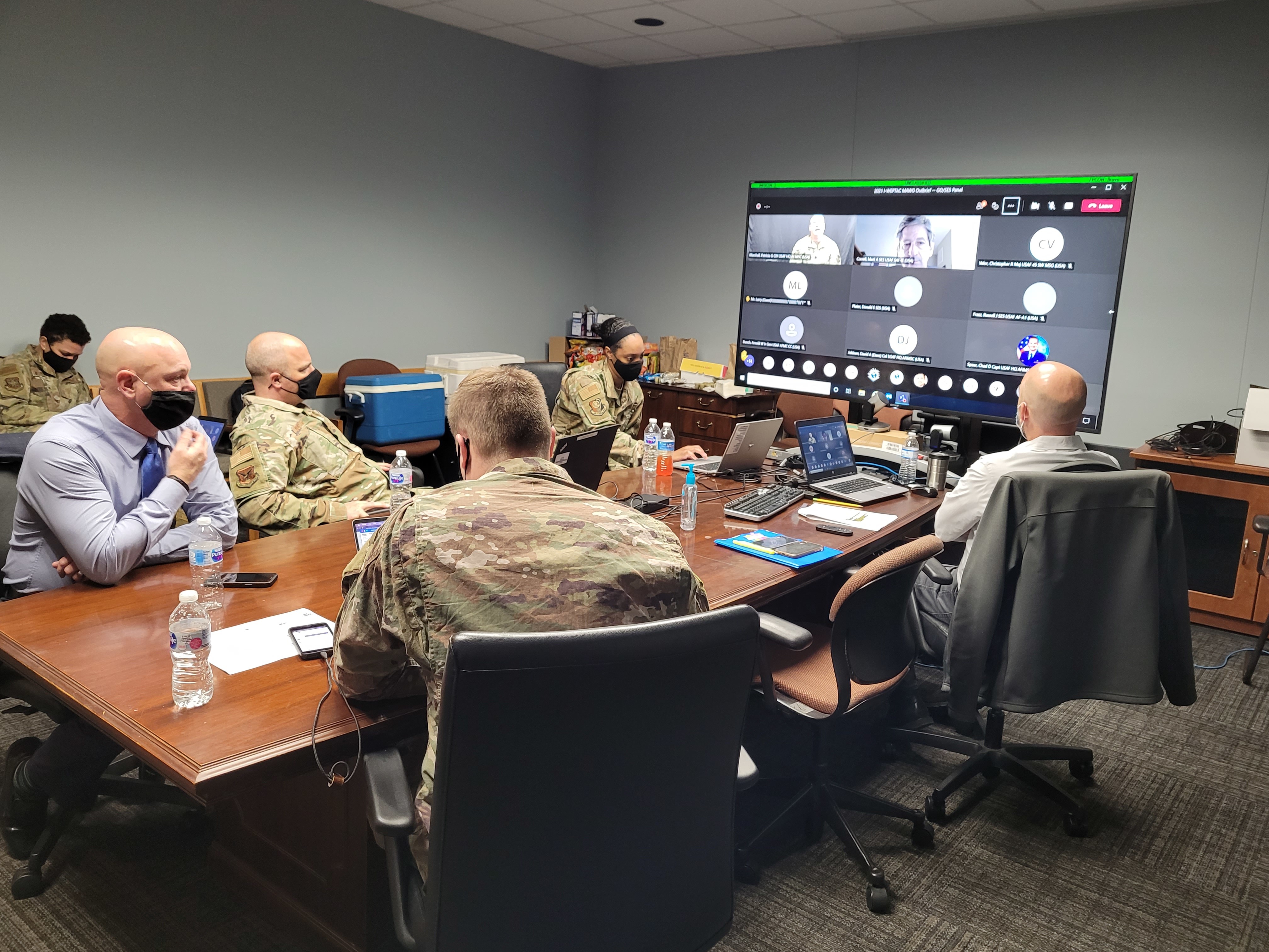 Team chairpersons prepare for their presentations prior to the Installation and Mission Support Weapons and Tactics Conference out-briefs April 21 at Joint Base San Antonio-Lackland, Texas. Four teams tasked with tackling the Air and Space Forces’ most significant Agile Combat Support challenges presented their recommendations to a virtual audience of more than 500 Air and Space Force senior officials, mission support leaders and their peers. The Air Force will now analyze the teams’ ideas to determine their feasibility. (U.S. Air Force photo by Joe Bela)