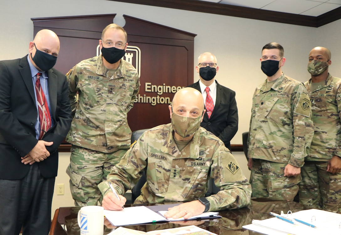 Lt. Gen. Scott Spellmon, commanding general of the U.S. Army Corps of Engineers and the 55th U.S. Army chief of engineers, signed the Chief of Engineer’s Report for the Prado Basin Ecosystem Restoration and Water Conservation Feasibility Study April 22 – on Earth Day – at the Corps’ headquarters in Washington, D.C. The project aims at restoring more than 600 acres of valuable riparian habitat within the largest riparian forest in Southern California. The project is headed by the Corps’ Los Angeles District, in partnership with the Orange County Water District.