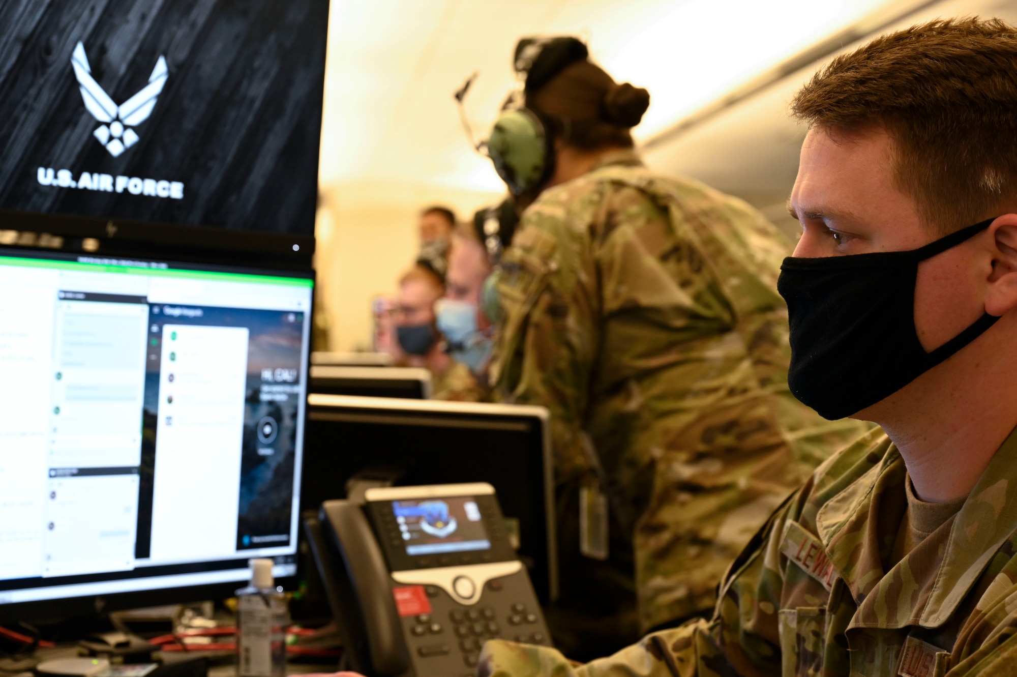 A member from the 727th Expeditionary Air Control Squadron (EACS) “Kingpin” works at his station, at Shaw Air Force Base, South Carolina, April 21, 2021. Kingpin is a tactical command and control unit that serves as the lead control and reporting center and directly provides the Combined Air Operations Center with a common air picture, enabling the completion of air operations across the US Central Command area of responsibility. The 727th EACS repositioned from Al Dhafra Air Base and began full operations April 20 from Shaw AFB. (U.S. Air Force photo by Tech. Sgt. E’Lysia A. Wray)