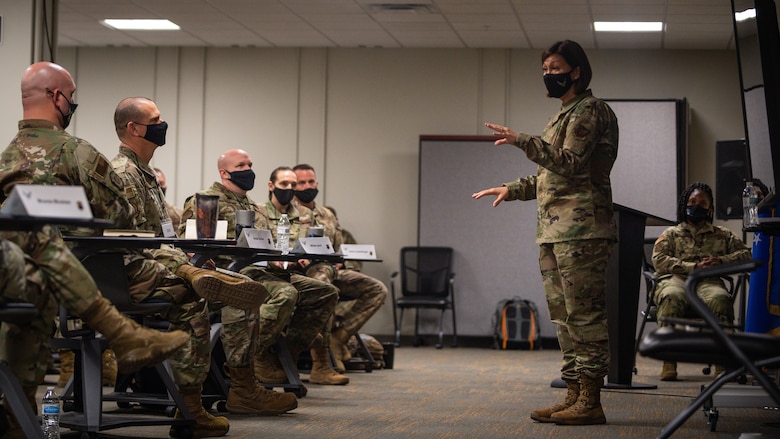 Chief Master Sergeant of the Air Force JoAnne S. Bass, addresses the crowd at Air Force Global Strike Command’s chief orientation course in Bossier City, Louisiana, April 21, 2021.