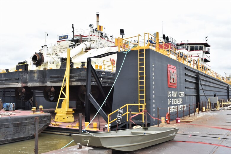 IN THE PHOTO, a photo of the Memphis District’s Dredge Hurley on the Ensley Engineer Yard dry dock, getting repaired after much of the south, including Memphis, Tennessee, was hit hard with frigid temperatures in mid-February this year. From frozen pipes to no electricity, many people and structures were impacted by the icy weather, including the district’s Dredge Hurley. It took approximately one month and multiple Ensley Engineer Yard crews to thaw out and repair the dredge. Now that the Dredge Hurley is thawed and repaired, it’s ready to dredge the Mississippi River, which is scheduled to start within the next two weeks. (USACE photo by Jessica Haas)