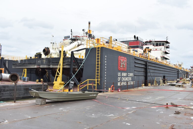 IN THE PHOTO, a photo of the Memphis District’s Dredge Hurley on the Ensley Engineer Yard dry dock, getting repaired after much of the south, including Memphis, Tennessee, was hit hard with frigid temperatures in mid-February this year. From frozen pipes to no electricity, many people and structures were impacted by the icy weather, including the district’s Dredge Hurley. It took approximately one month and multiple Ensley Engineer Yard crews to thaw out and repair the dredge. Now that the Dredge Hurley is thawed and repaired, it’s ready to dredge the Mississippi River, which is scheduled to start within the next two weeks. (USACE photo by Jessica Haas)