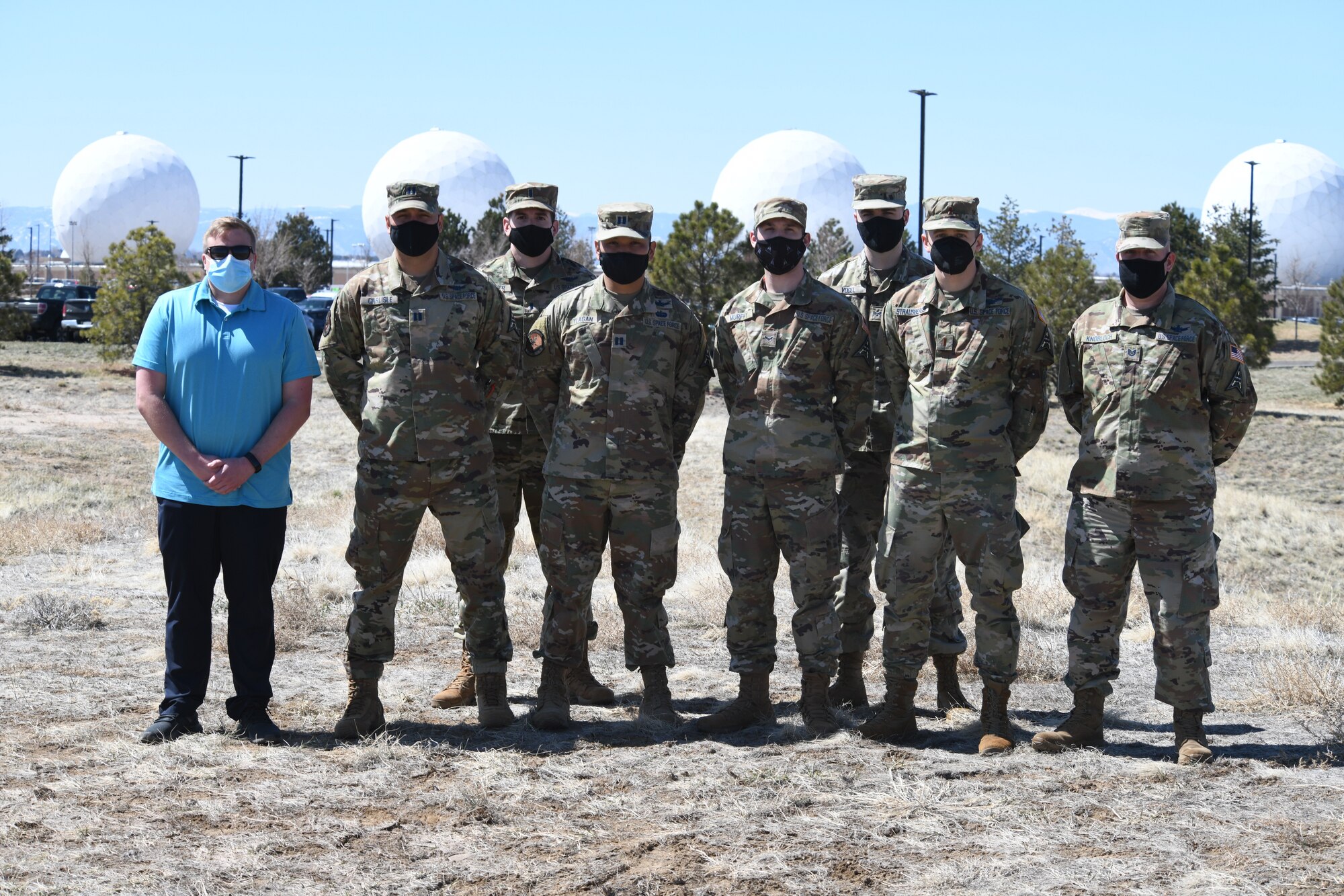 Members from the 2nd Space Warning Squadron pose for a group photo at Buckley Air Force Base on Apr. 20, 2021.