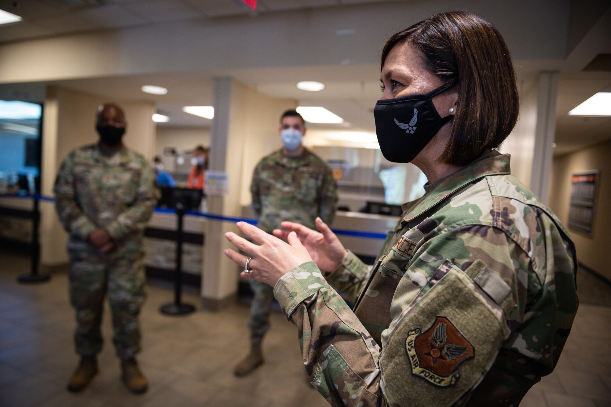 Chief Master Sergeant of the Air Force JoAnne S. Bass, addresses 2nd Dental Squadron Airmen during a tour of Barksdale Air Force Base, Louisiana, April 21, 2021.