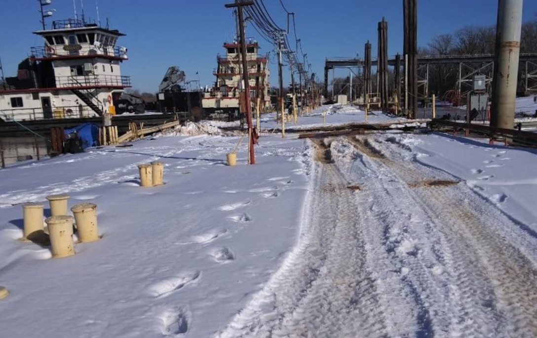 IN THE PHOTO, a photo of the Memphis District’s Ensley Engineer Yard after getting hit hard with frigid temperatures in mid-February this year. From frozen pipes to no electricity, many people and structures were impacted by the icy weather, including the district’s Dredge Hurley. It took approximately one month and multiple Ensley Engineer Yard crews to thaw out and repair the dredge. Now that the Dredge Hurley is thawed and repaired, it’s ready to dredge the Mississippi River, which is scheduled to start within the next two weeks.