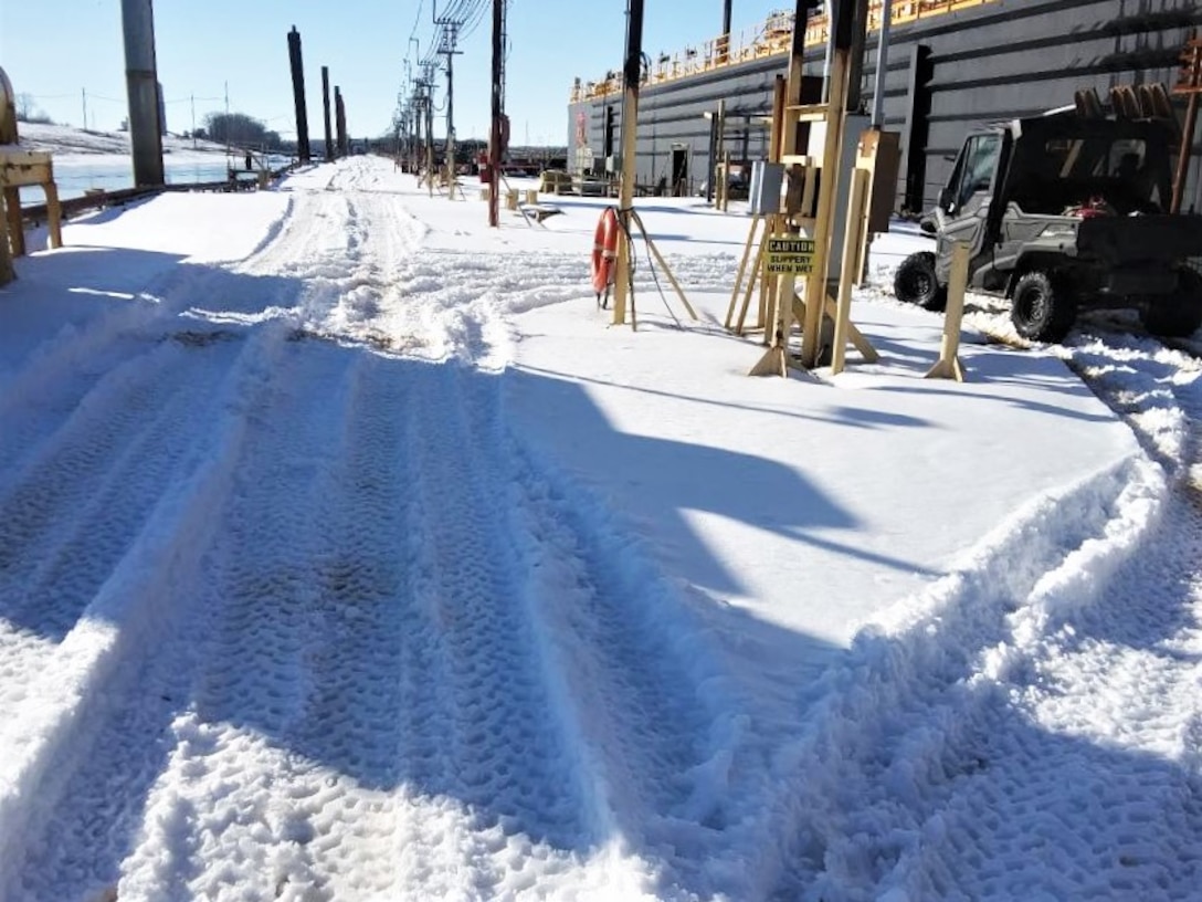 IN THE PHOTO, a photo of the Memphis District’s Ensley Engineer Yard after getting hit hard with frigid temperatures in mid-February this year. From frozen pipes to no electricity, many people and structures were impacted by the icy weather, including the district’s Dredge Hurley. It took approximately one month and multiple Ensley Engineer Yard crews to thaw out and repair the dredge. Now that the Dredge Hurley is thawed and repaired, it’s ready to dredge the Mississippi River, which is scheduled to start within the next two weeks.