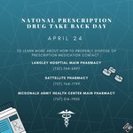 A graphic containing information regarding proper prescription medication disposal for medical services at Joint Base Langley-Eustis, Virginia, April, 22, 2021. National Prescription Drug Take Back Day aims to educate and provide an avenue for people to safely dispose of their unused or expired prescriptions. (U.S. Air Force graphic by Senior Airman Marcus M. Bullock)